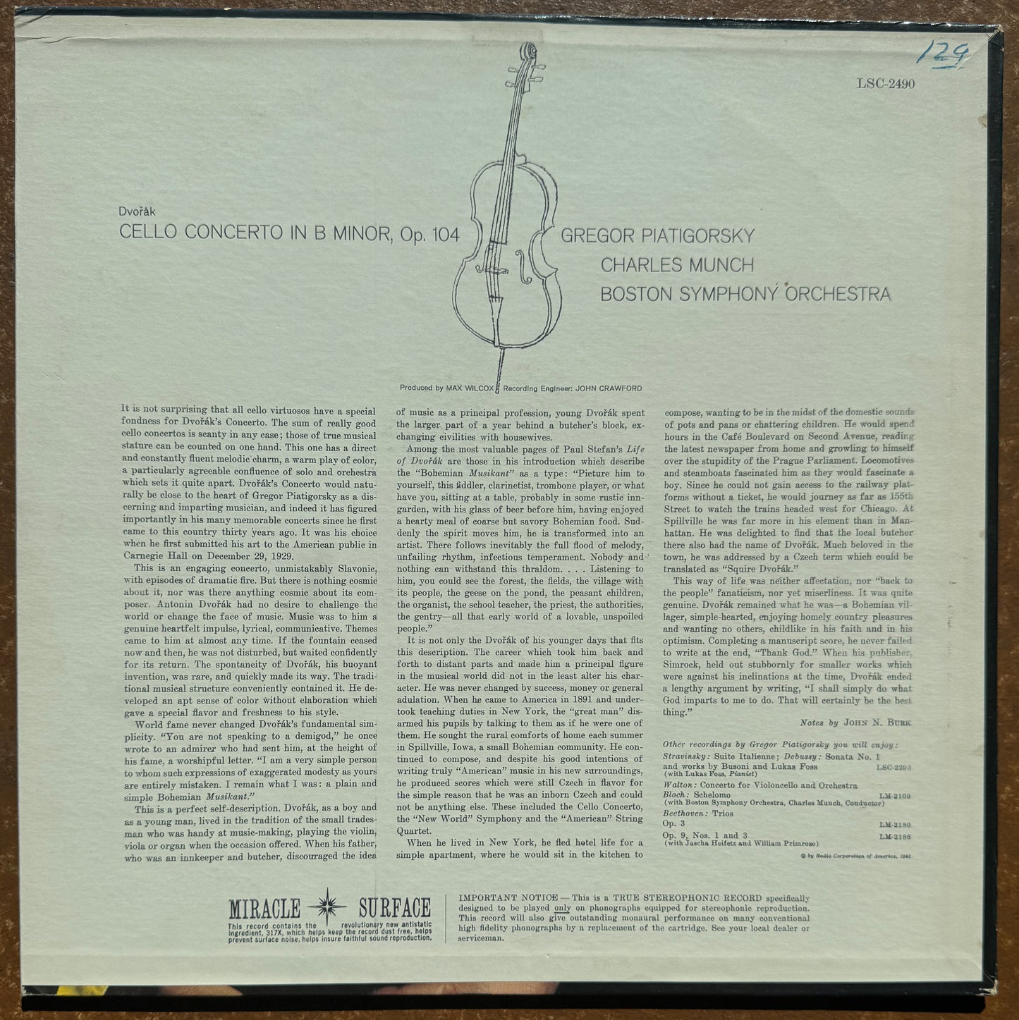 Dvořák, Piatigorsky / Munch, Boston Symphony Orchestra – Cello Concerto