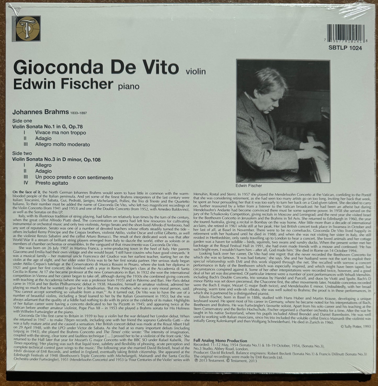Gioconda De Vito, Edwin Fischer – Brahms Violin Sonatas No.1 & No.3