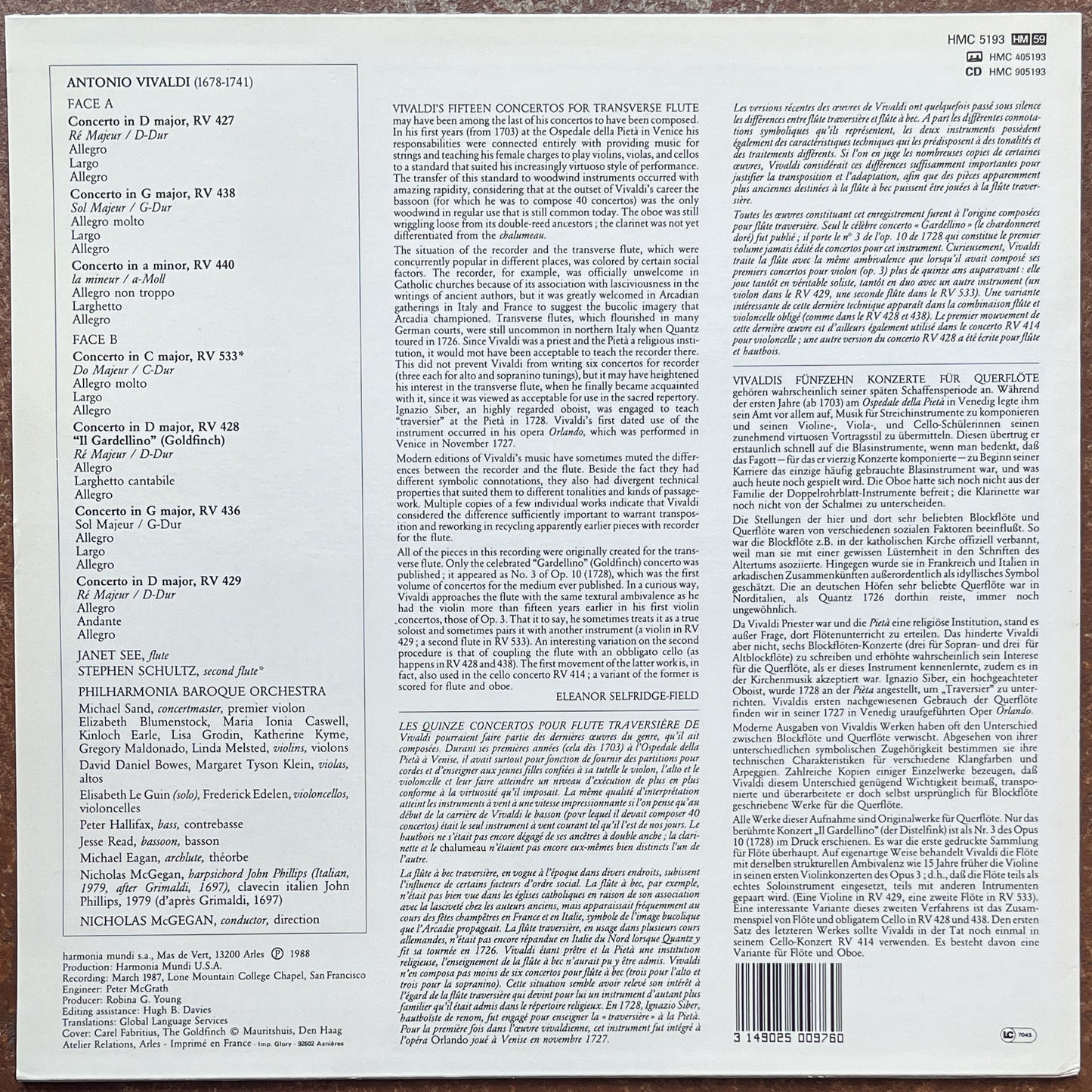 Vivaldi / Janet See, Philharmonia Baroque Orchestra, Nicholas McGegan – Flute Concertos