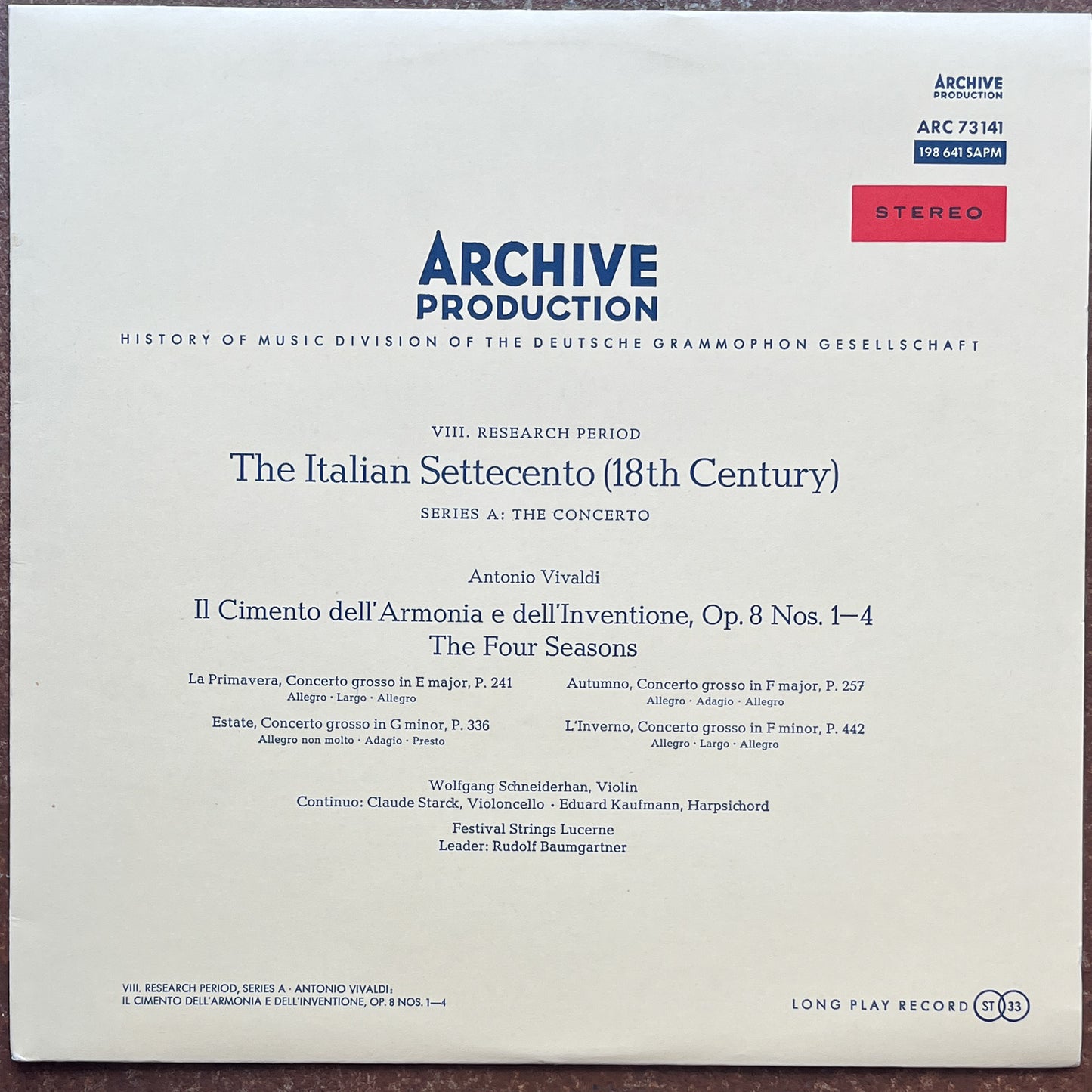 Wolfgang Schneiderhan, Rudolf Baumgartner, Festival Strings Lucerne, Antonio Vivaldi – Il Cimento Dell'Armonia E Dell'Inventione, Op. 8 Nos. 1–4 (The Four Seasons)