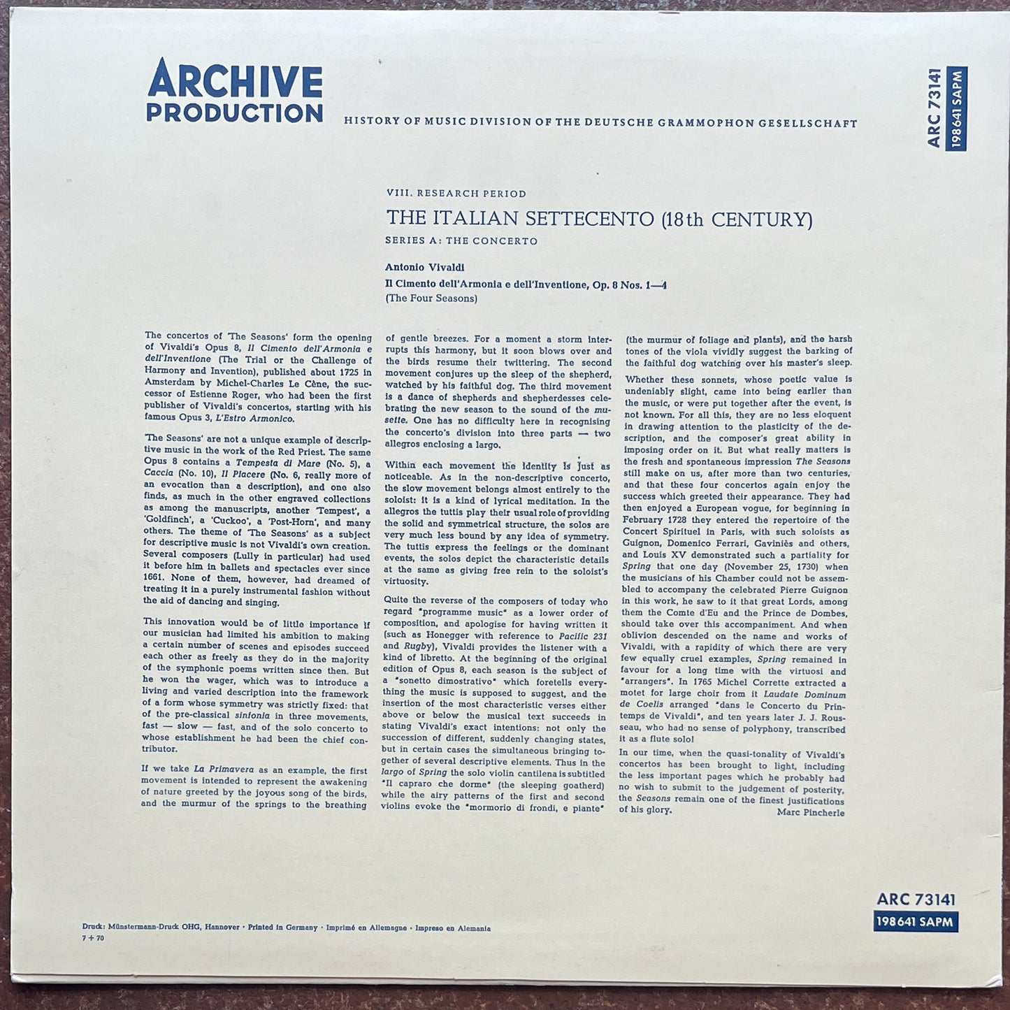 Wolfgang Schneiderhan, Rudolf Baumgartner, Festival Strings Lucerne, Antonio Vivaldi – Il Cimento Dell'Armonia E Dell'Inventione, Op. 8 Nos. 1–4 (The Four Seasons)
