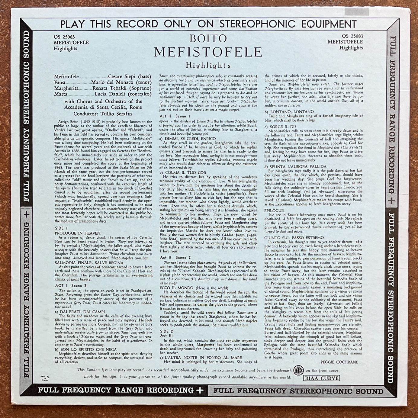 Cesare Siepi, Renata Tebaldi, Mario Del Monaco Other Soloists With Chorus And Orchestra Of Accademia Di Santa Cecilia, Rome Conducted By Tullio Serafin / Boito – Mefistofele Highlights