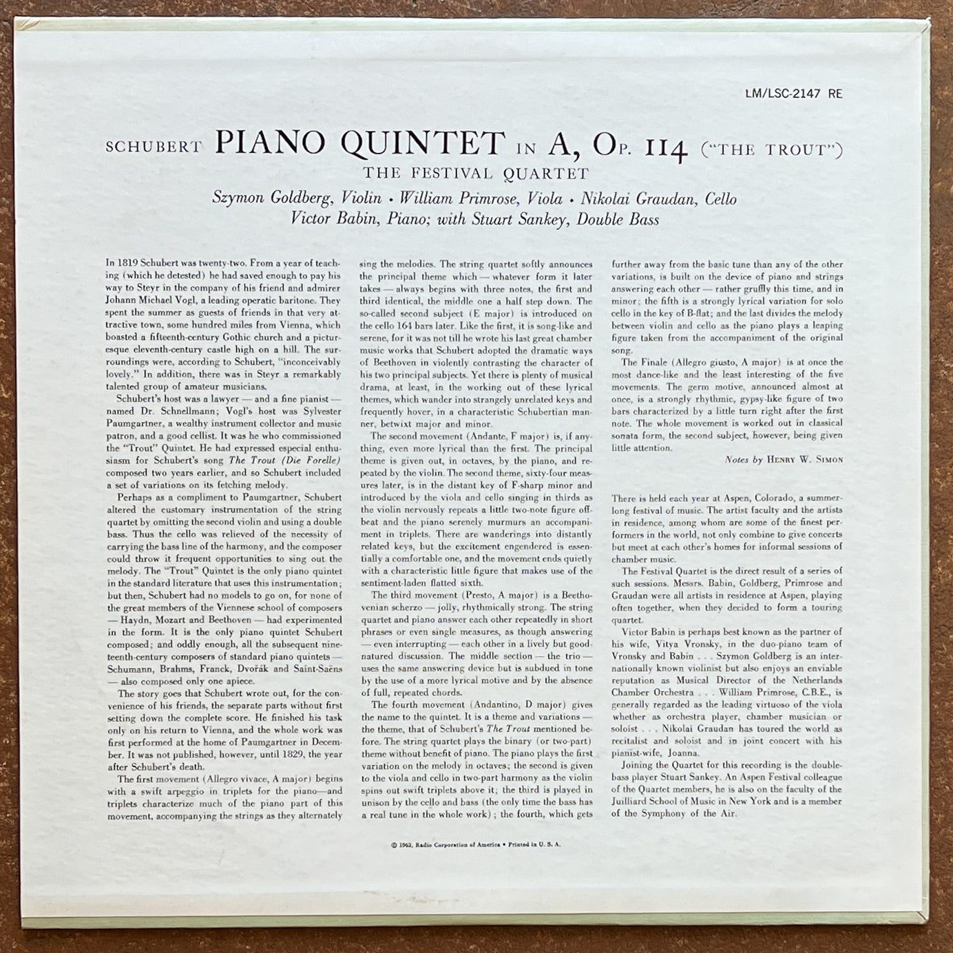 Schubert, The Festival Quartet & Stuart Sankey – Trout Quintet