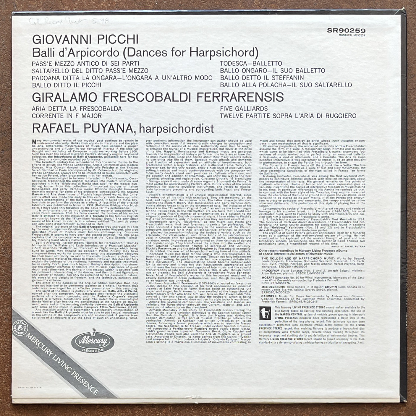 Rafael Puyana, Picchi / Frescobaldi – Dances For Harpsichord / Music For Harpsichord