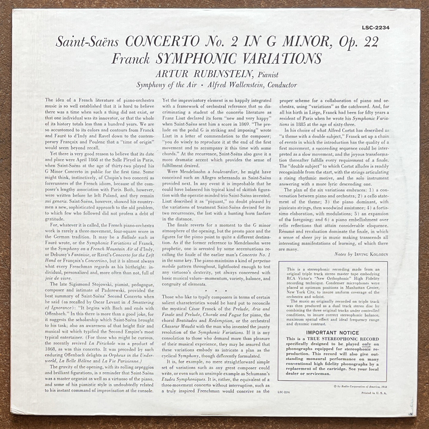 Saint-Saëns / Franck - Rubinstein, Wallenstein, Symphony Of The Air – Concerto No. 2 / Symphonic Variations