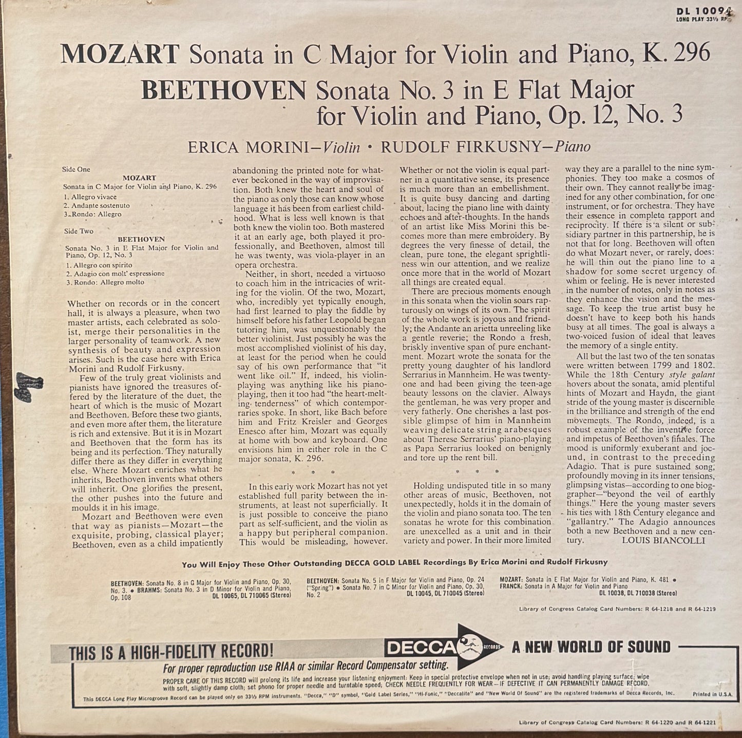 Mozart, Beethoven, Erica Morini, Firkušný – Sonatas for Violin and Piano