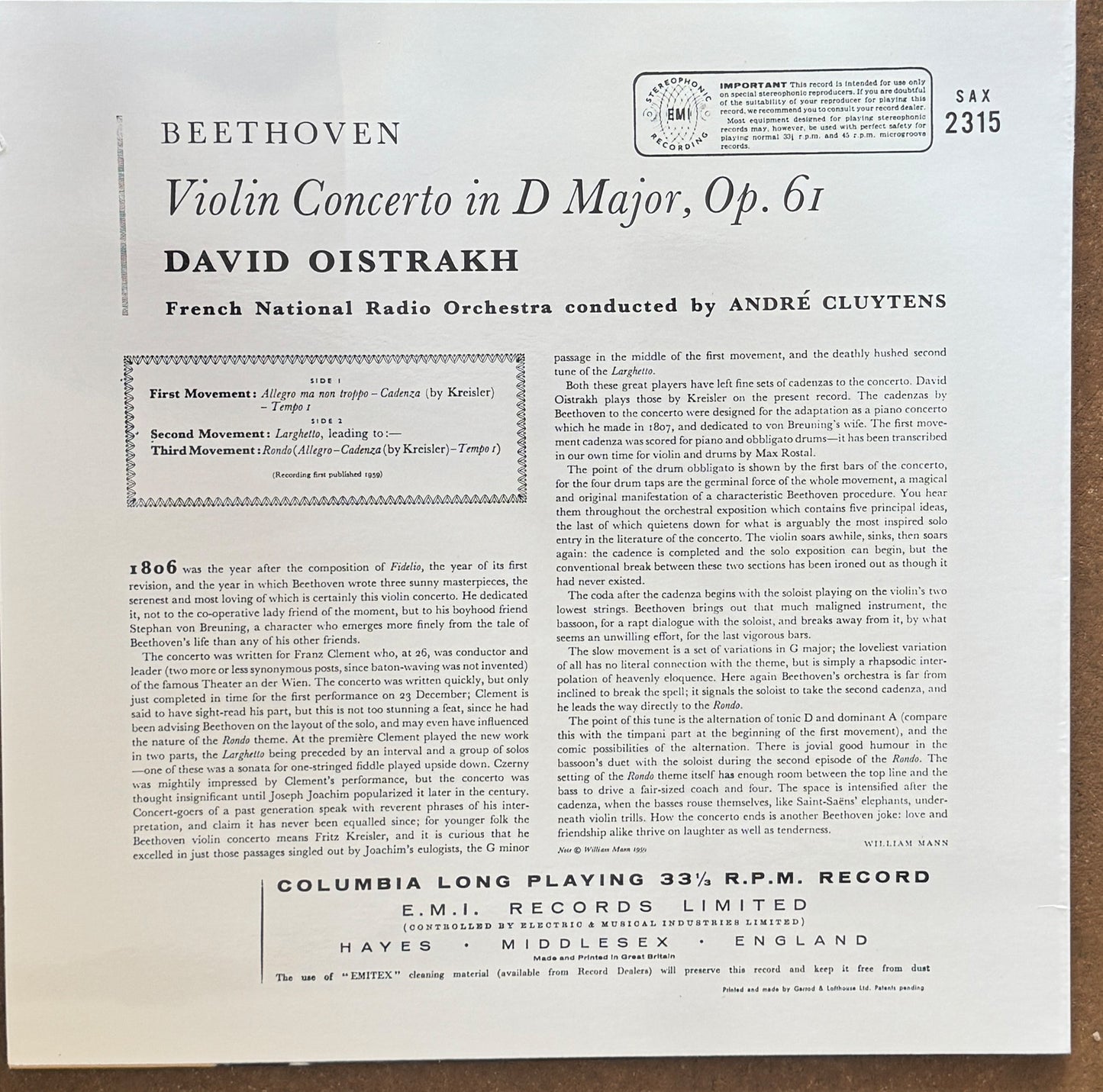 Beethoven / David Oistrakh, French National Radio Orchestra, André Cluytens – Violinkonzert D-Dur Op. 61