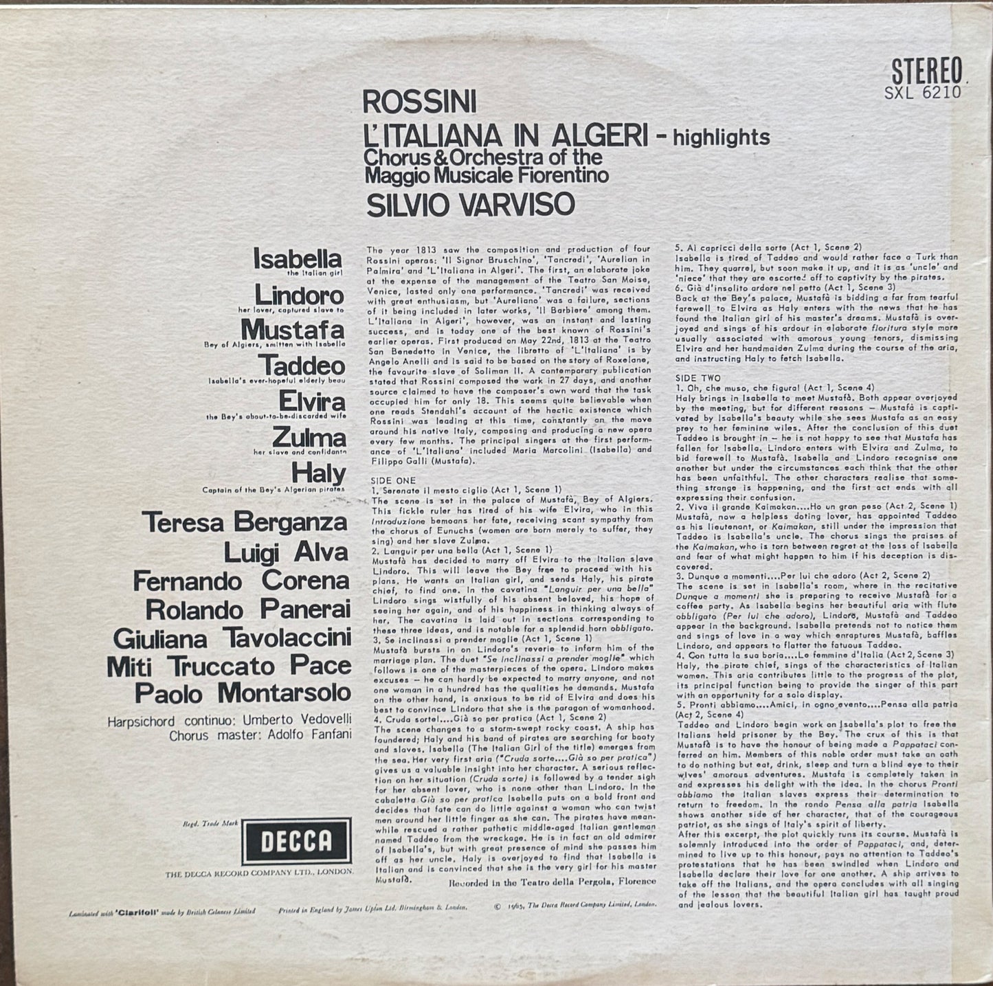 Rossini, Chorus* & Orchestra Of The Maggio Musicale Fiorentino, Varviso, Berganza + Alva + Corena + Panerai – L'Italiana In Algeri