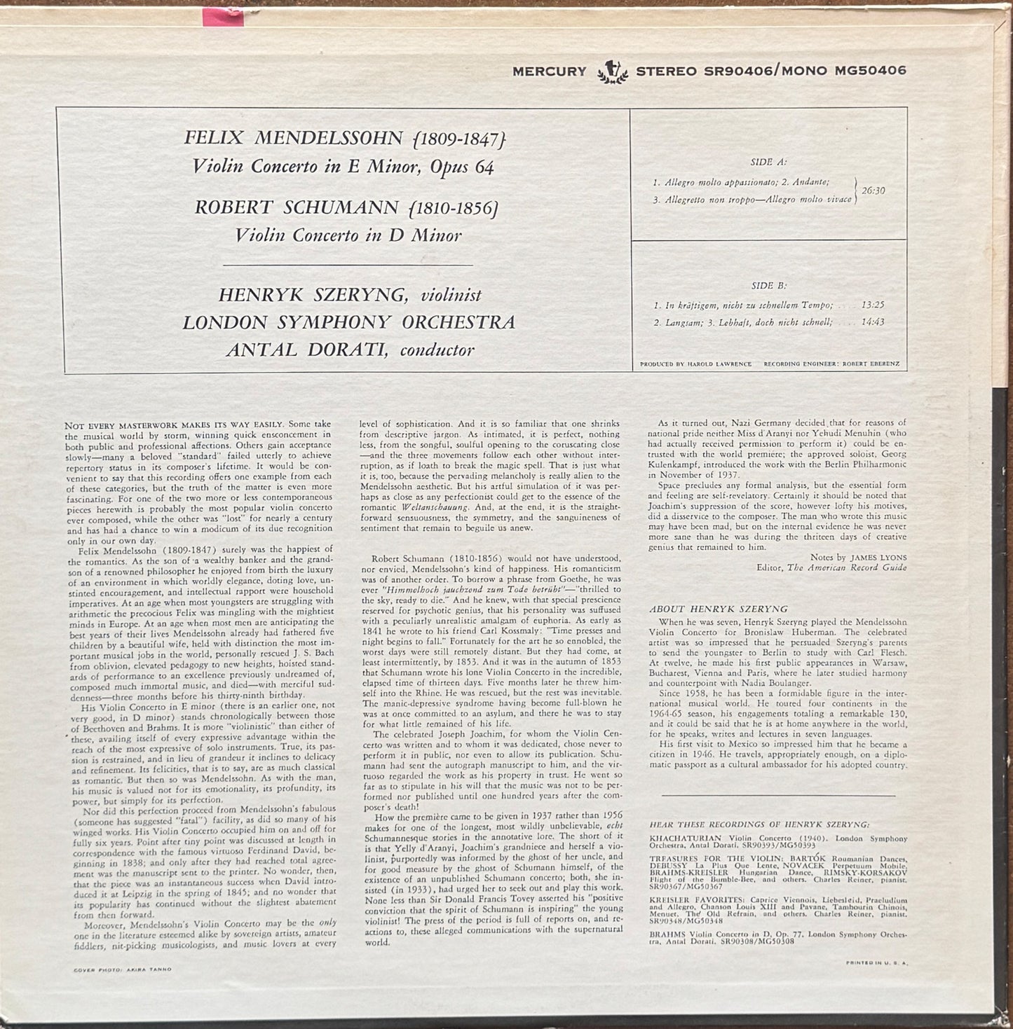 Henryk Szeryng, London Symphony, Antal Dorati - Mendelssohn / Schumann – Concerto In E Minor, Opus 64 / Concerto In D Minor