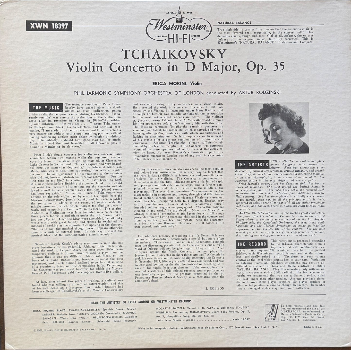 Erica Morini, Philharmonic Symphony Orchestra Of London* Conducted By Artur Rodzinski, Tchaikovsky – Violin Concerto In D Major, Op. 35
