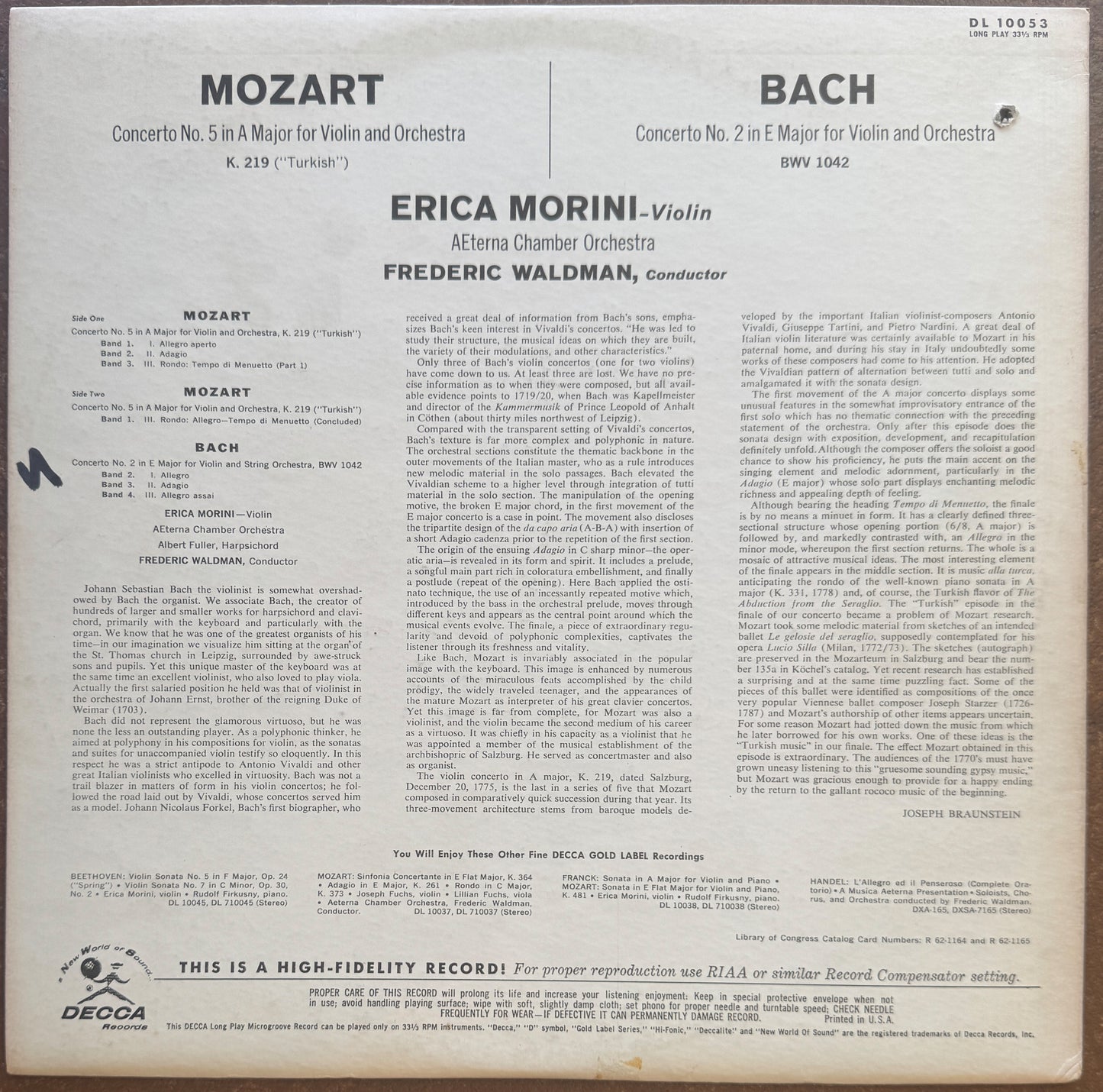 Erica Morini, Waldman, Musica Æterna Orchestra, Mozart, Bach – Concerto In A Major / Concerto In E Major