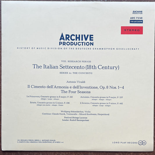 Wolfgang Schneiderhan, Rudolf Baumgartner, Festival Strings Lucerne, Antonio Vivaldi – Il Cimento Dell'Armonia E Dell'Inventione, Op. 8 Nos. 1–4 (The Four Seasons)