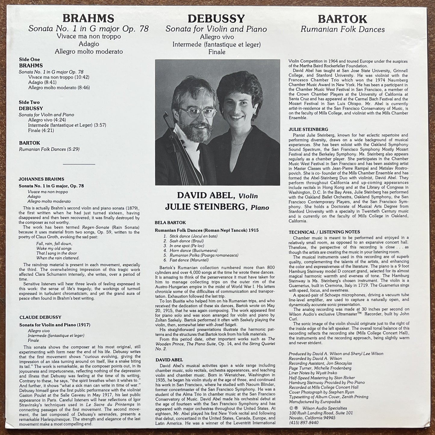 Julie Steinberg, David Abel, Brahms, Debussy, Bartók – Sonatas For Violin and Piano