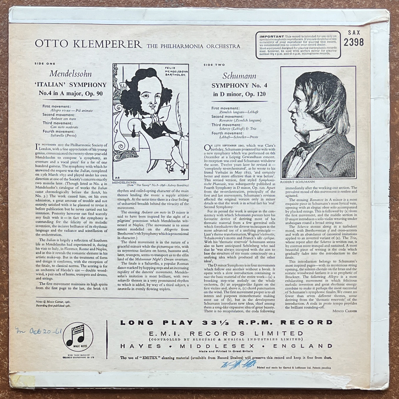 Mendelssohn / Schumann, Otto Klemperer, Philharmonia Orchestra – 'Italian' Symphony / Symphony No.4