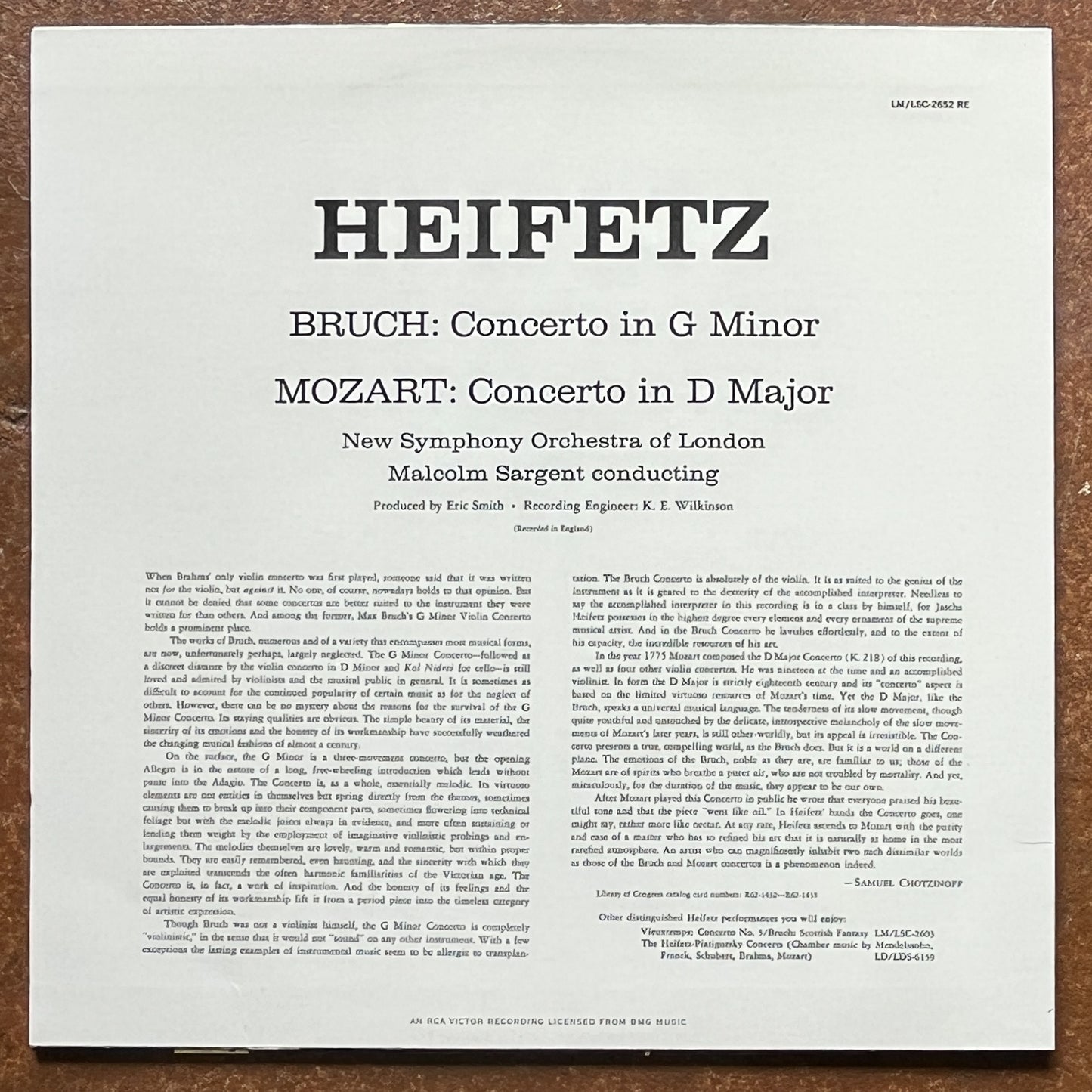 Heifetz, Bruch, Mozart, New Symphony Orchestra Of London, Malcolm Sargent – Concerto In G Minor / Concerto In D Major