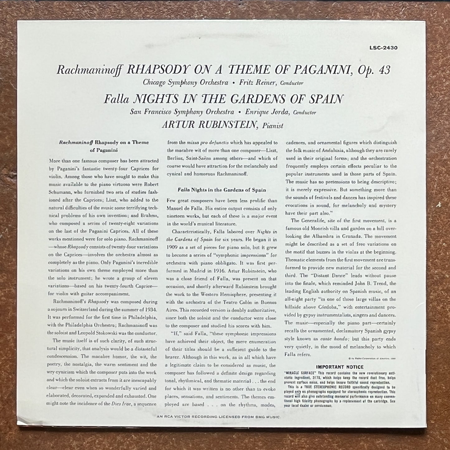 Rachmaninoff / Falla / Rubinstein, Chicago Symphony, Reiner, San Francisco Symphony, Jorda – Rhapsody On A Theme Of Paganini / Nights In The Gardens Of Spain