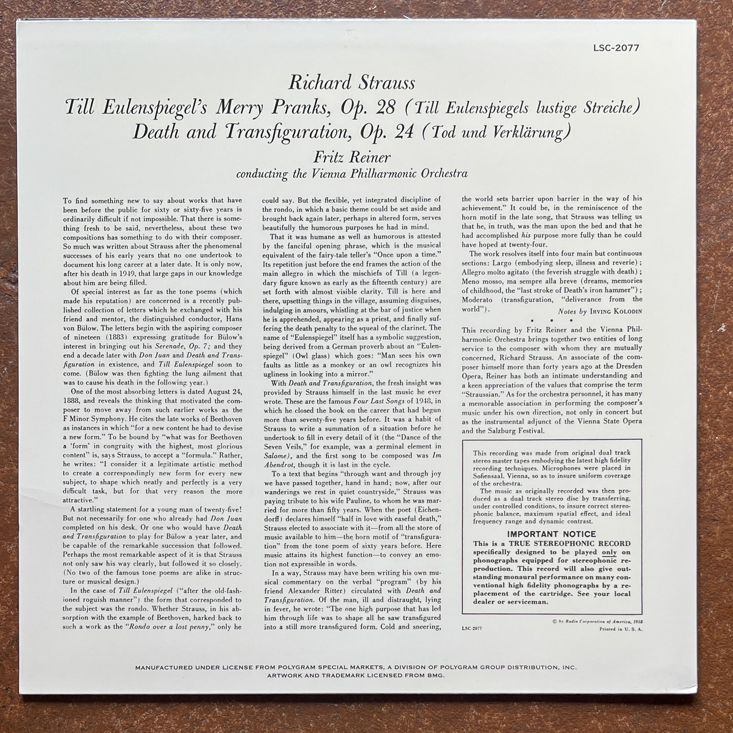 Richard Strauss / Fritz Reiner / Vienna Philharmonic Orchestra – Till Eulenspiegel - Death and Transfiguration