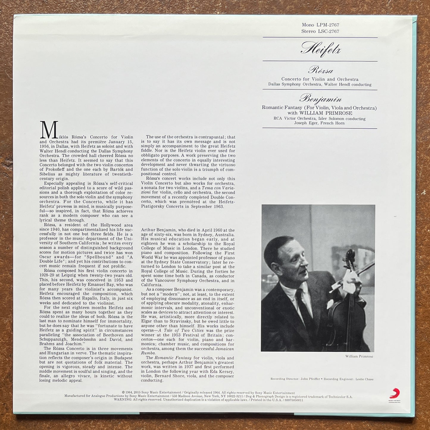 Heifetz / Rózsa / Benjamin – Concerto For Violin and Orchestra / Romantic Fantasy