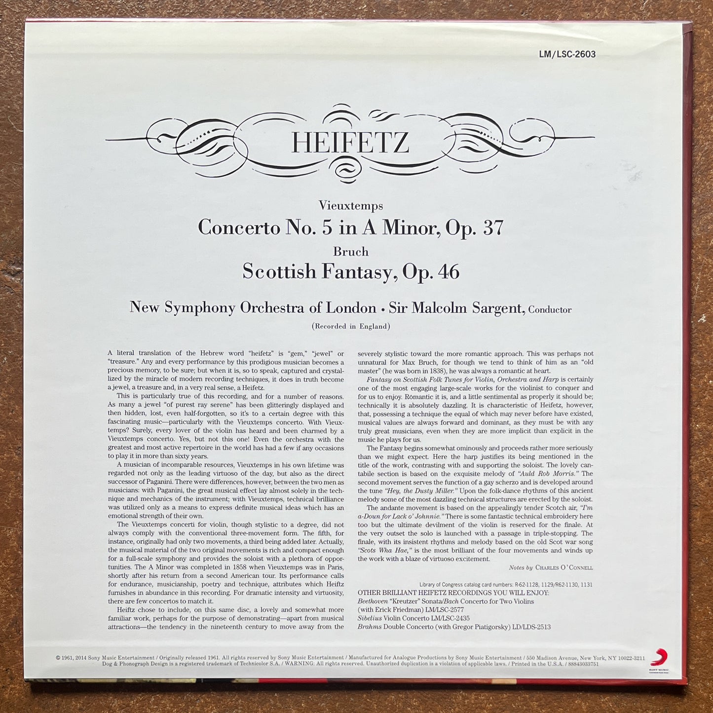 Heifetz, Bruch, Vieuxtemps, New Symphony Orchestra Of London, Sir Malcolm Sargent – Scottish Fantasy · Concerto No. 5