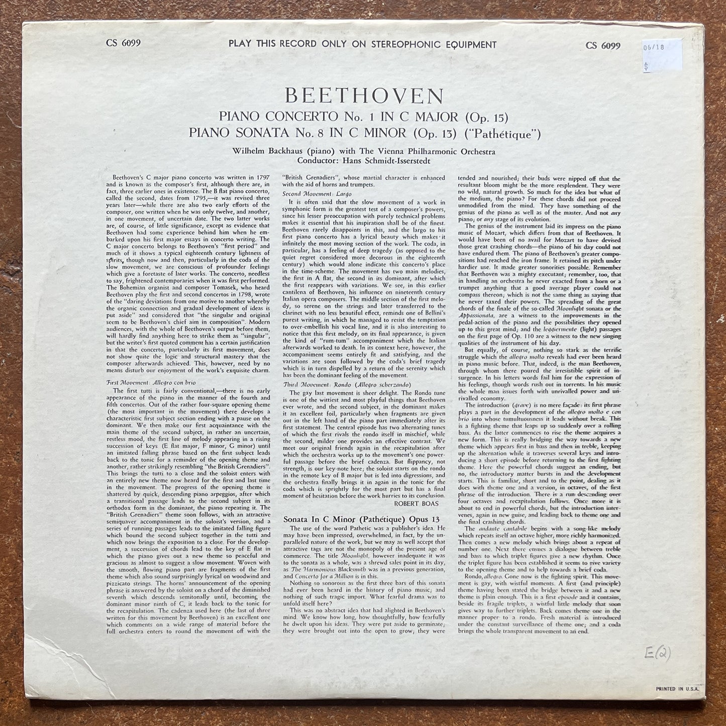 Beethoven, Backhaus, The Vienna Philharmonic Orchestra, Hans Schmidt-Isserstedt – Piano Concerto No. 1 In C Major Op. 15 & Sonata In C Minor Op. 13 No. 8 ("Pathetique")