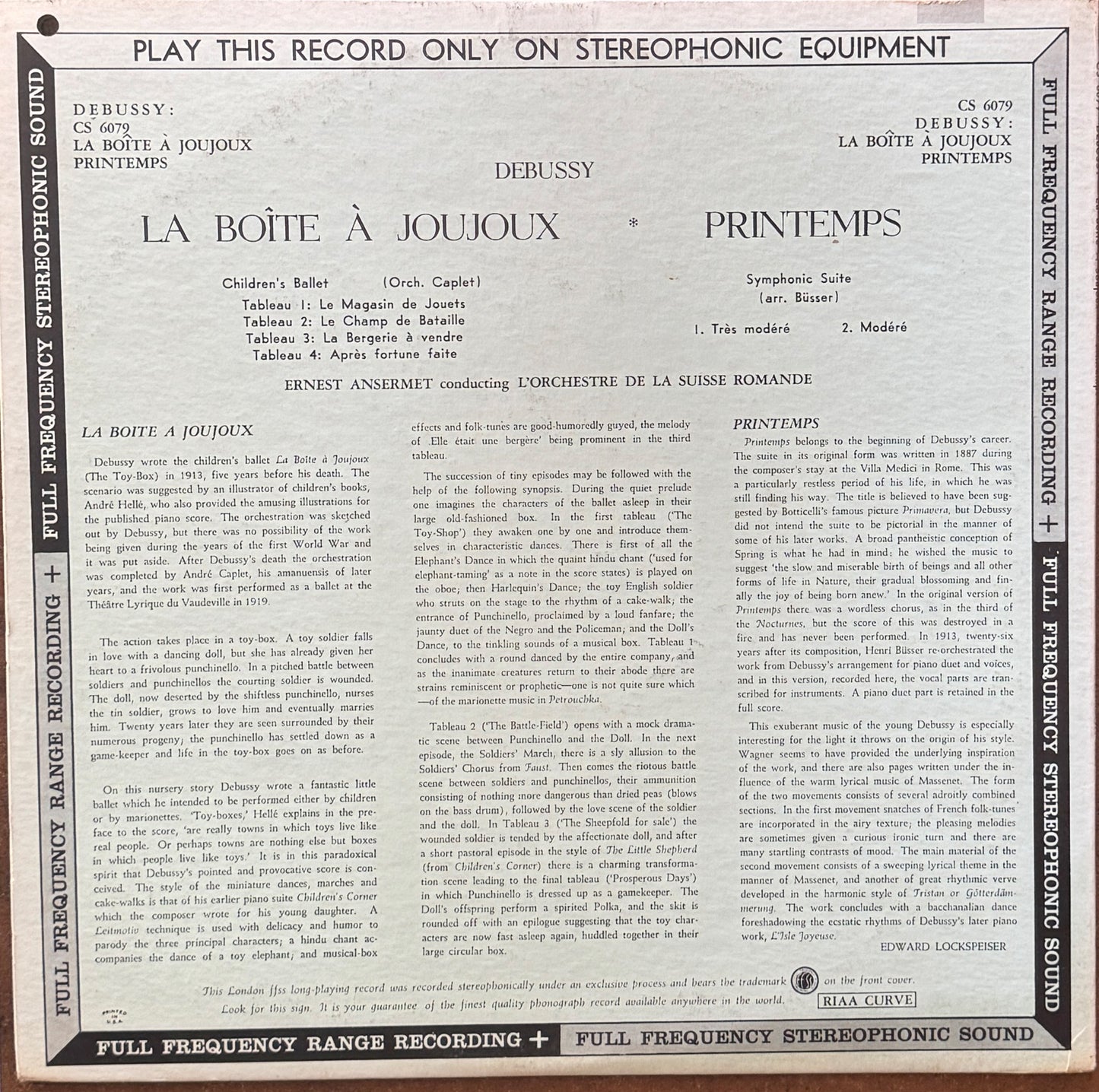 Debussy, Ansermet, L'Orchestre De La Suisse Romande – La Boite A Joujoux / Printemps